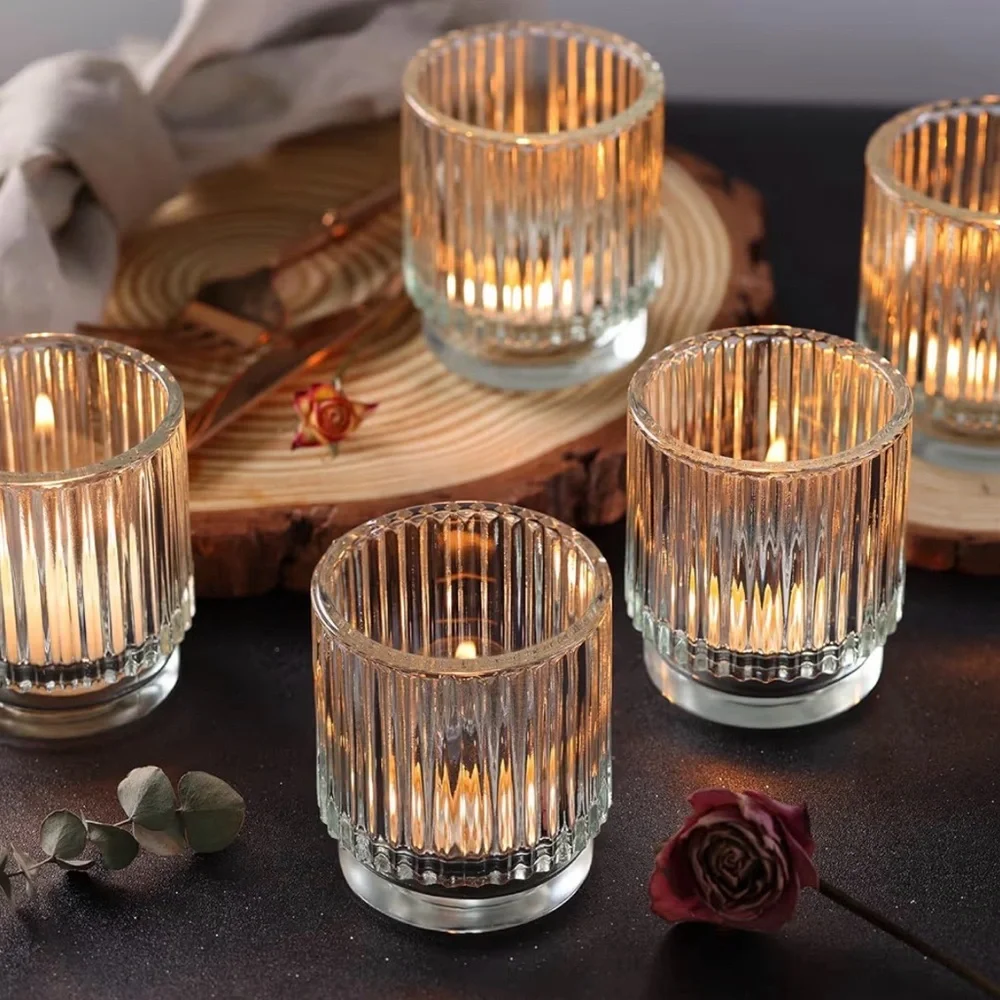 Ribbed Glass Votive Candle Holders - Clear Tint (Set of 16)
